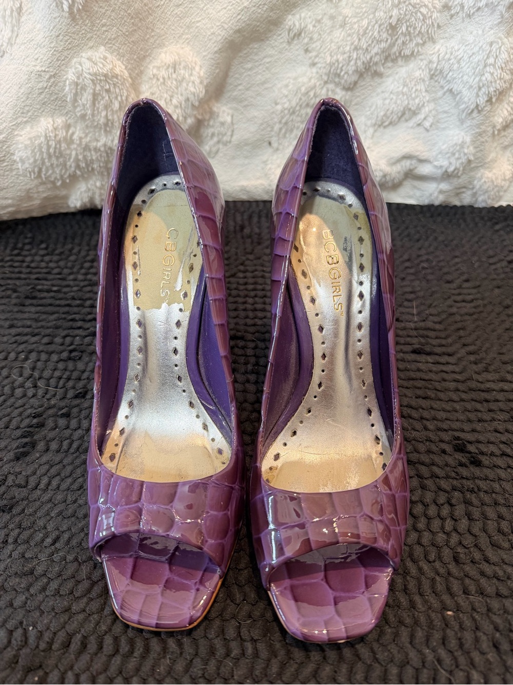 BCBGirls Purple Croc-Patent Peep Toe Pumps